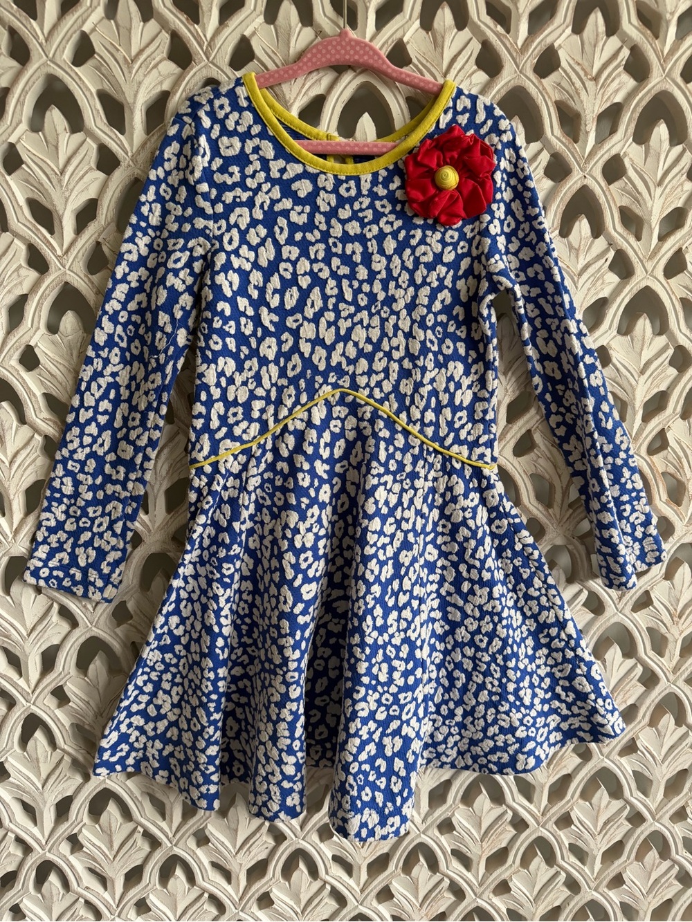 Emily Rose Girls Blue Leopard Print Long Sleeve Dress Red Flower